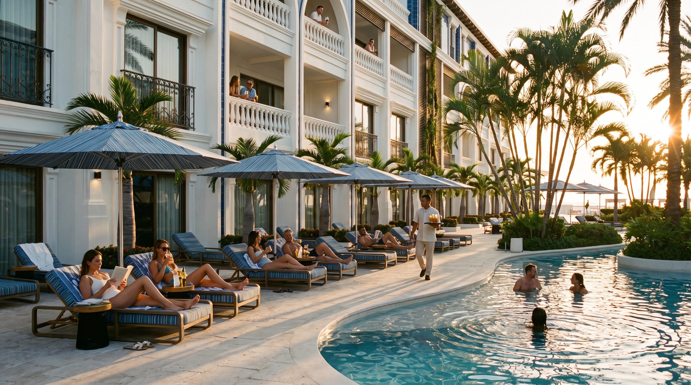The lagoon pool at Cent'Anni at sunset, loungers along the water and the sea beyond the palms