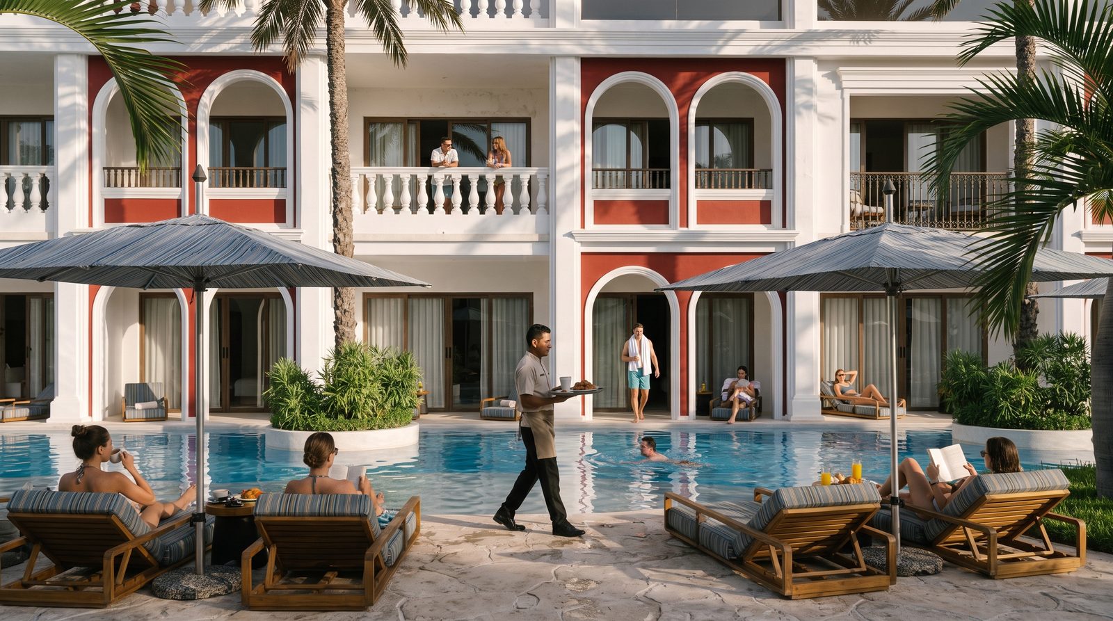 The lagoon pool at Cent'Anni in the morning, loungers under umbrellas and a waiter bringing coffee