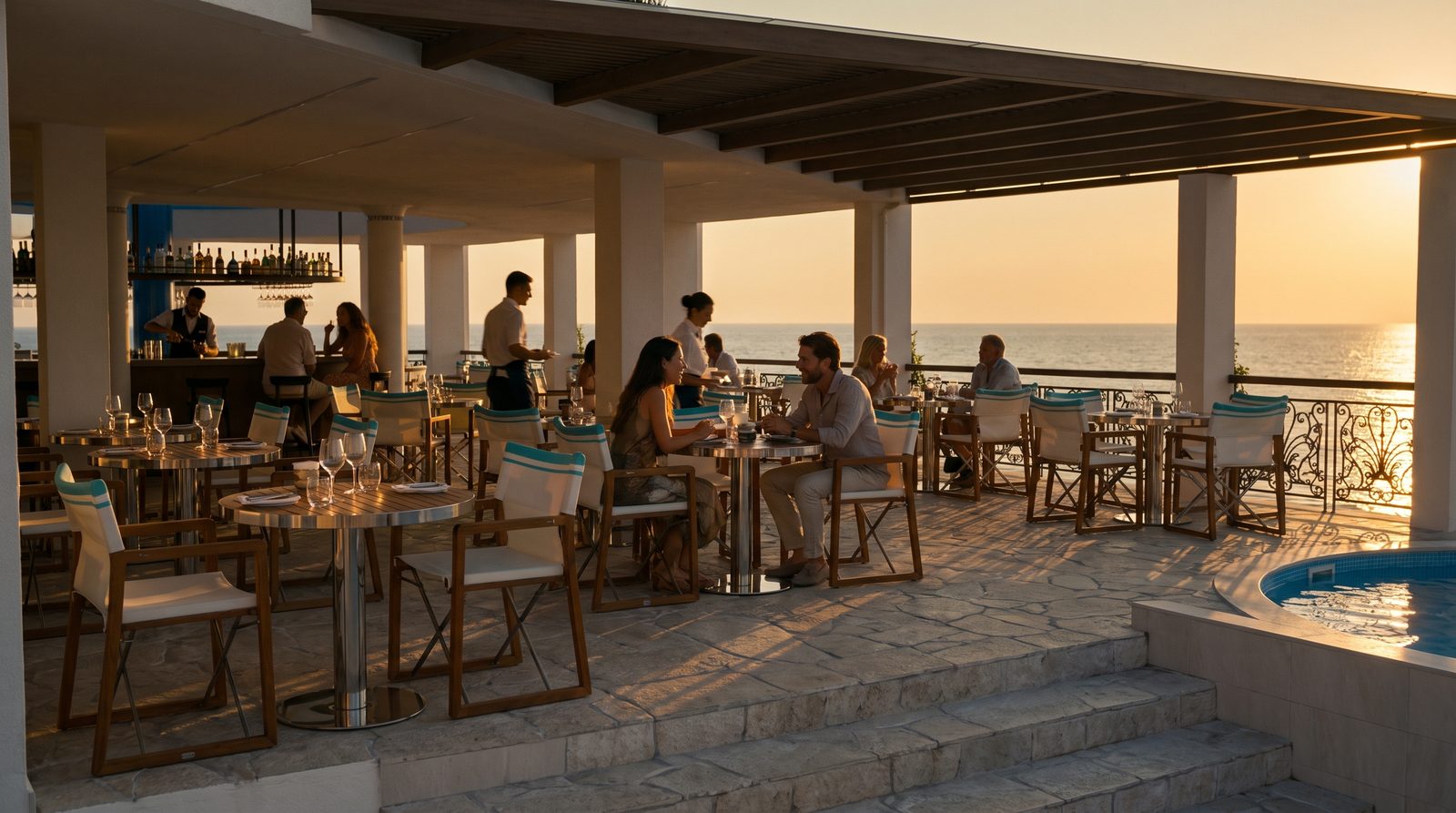 Guests at the restaurant terrace at Cent'Anni, teak chairs and white linen at sunset